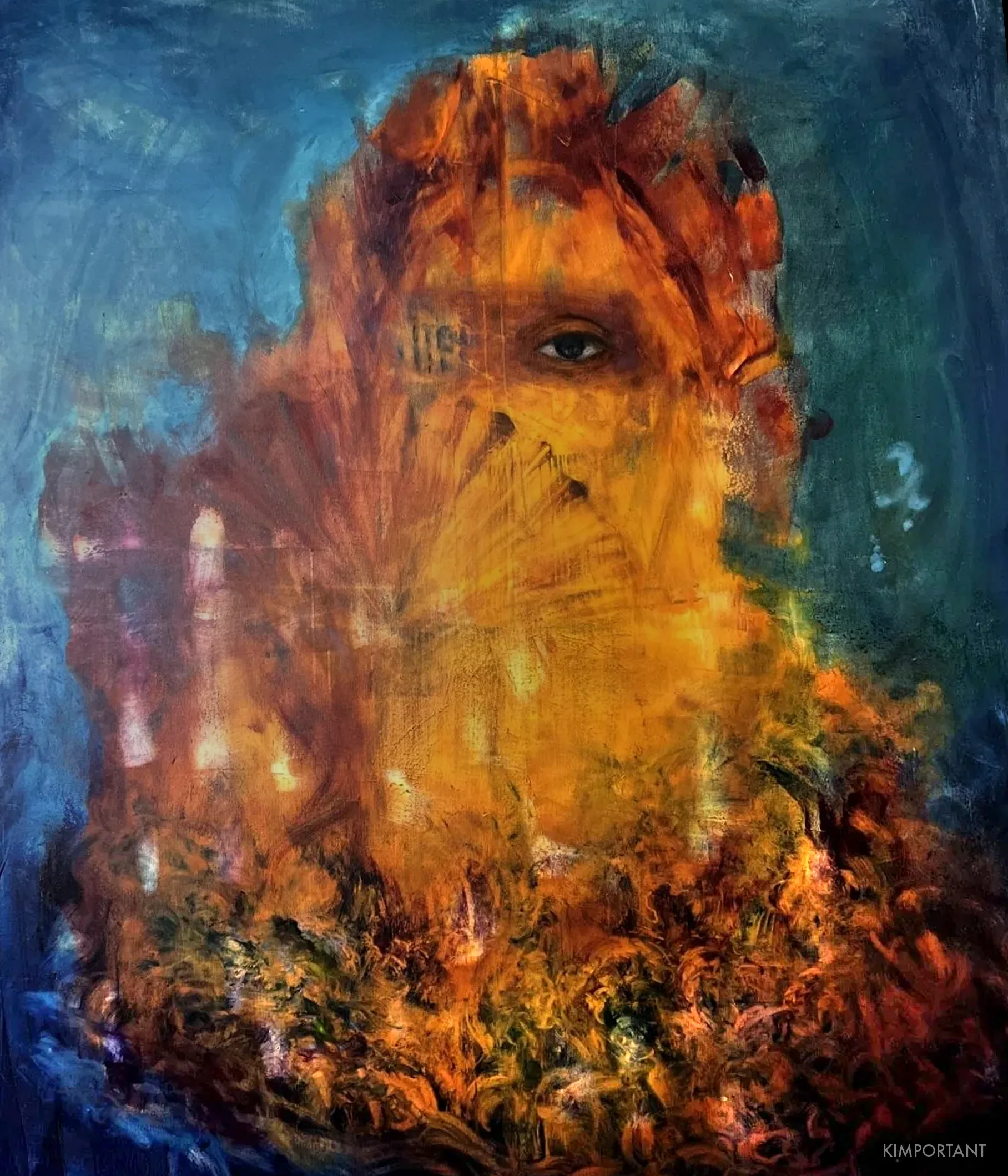 Forsaken Bird II by Kim — oil on canvas, 120 × 140 cm, layered painting with emerging bird-like contours